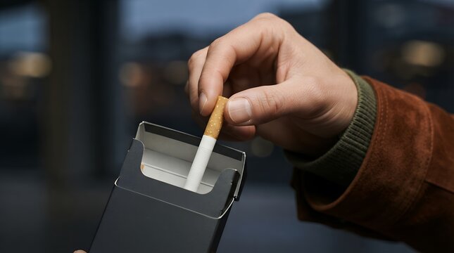 Man taking a cigarette out of a pack close up, nicotine addiction and smoking habit concept, cinematic moody urban background