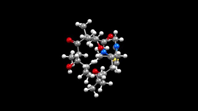 Structure of ixabepilone, an antineoplastic drug. Animated 3D ball-and-stick and spacefill models, black background