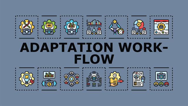 Adaptation workflow banner infographic. Flexibility change, coordination revision, implementation alignment icon vector illustration