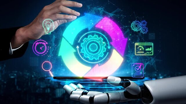 Hand of a Businessman Interacting with a Colorful Digital Interface Representing Automation, Technology, and Data Analysis in a Futuristic Setting Sigmoid