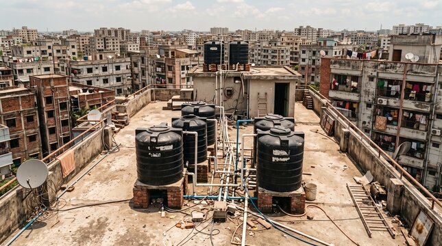 Rooftop water tanks in dense urban cityscape during daylight with a slight haze
