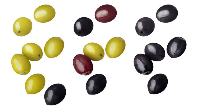 Assorted fresh olives, green and black Mediterranean olives, organic whole olives for healthy cooking design isolated on Transparent Background