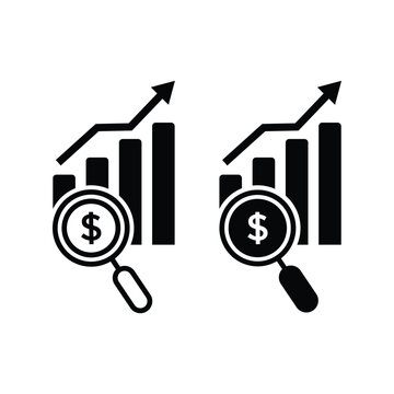 Financial analysis icon set showing magnifying glass over dollar sign with rising bar chart and arrow for business growth and profit tracking