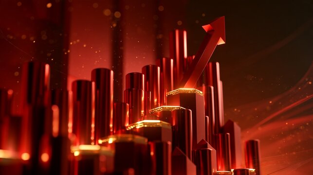 Red financial bar chart with upward arrow showing economic growth and data statistics