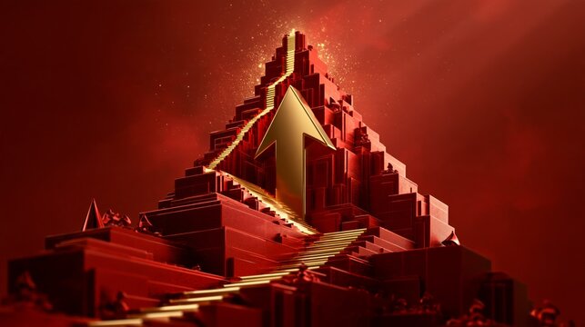 red pyramid with golden upward arrow symbolizing growth and success