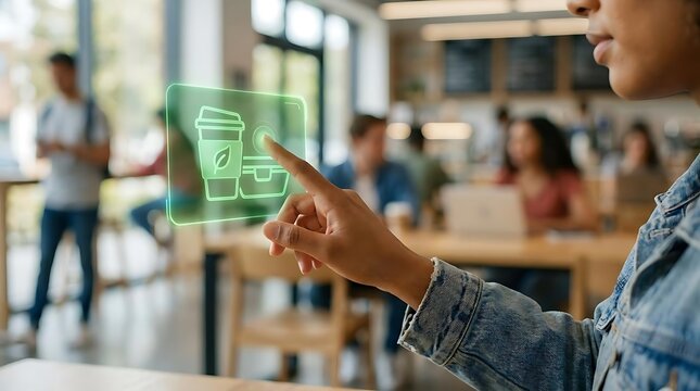 Woman using futuristic holographic interface to order coffee drinks.