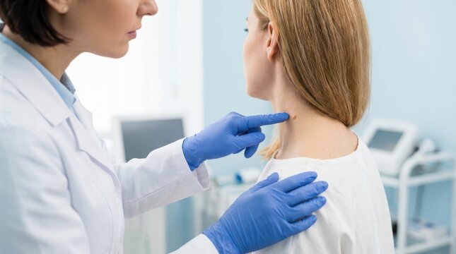 A medical professional in blue gloves points to a mole on a woman's neck during a skin check.