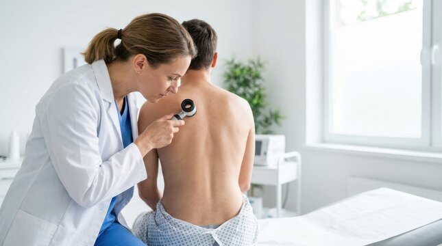 Dermatologist examines patient's back for moles and skin abnormalities using dermatoscope in clinic.