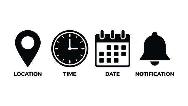 Date time icon set, Scheduling, Reminder, Business Planning. Calendar, location pin, clock, alarm bell, and notification symbols for scheduling, reminders, business planning, and alert systems.