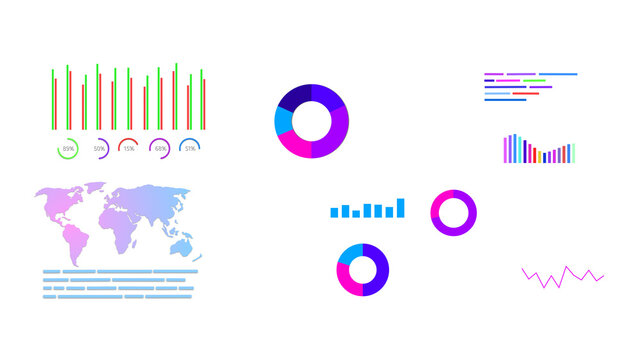 Modern business analytics dashboard with colorful bar charts, donut graphs, world map, progress circles, and trend line panels on a transparent background.