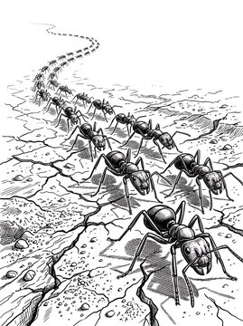 Black and white hand-drawn illustration of a long line of ants marching across a cracked dry desert ground surface, vector