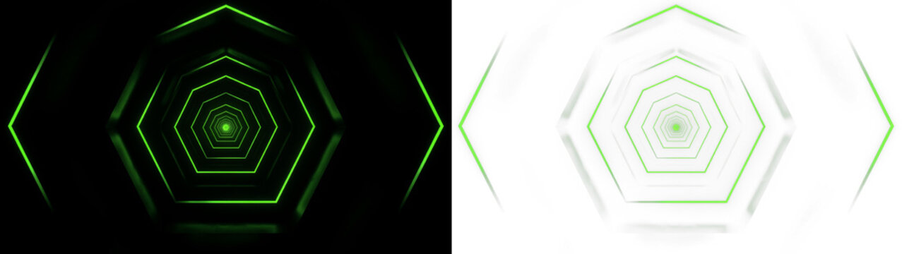 Abstract tunnel with glowing green pentagonal frames, creating a futuristic digital perspective effect on both black and transparent backgrounds