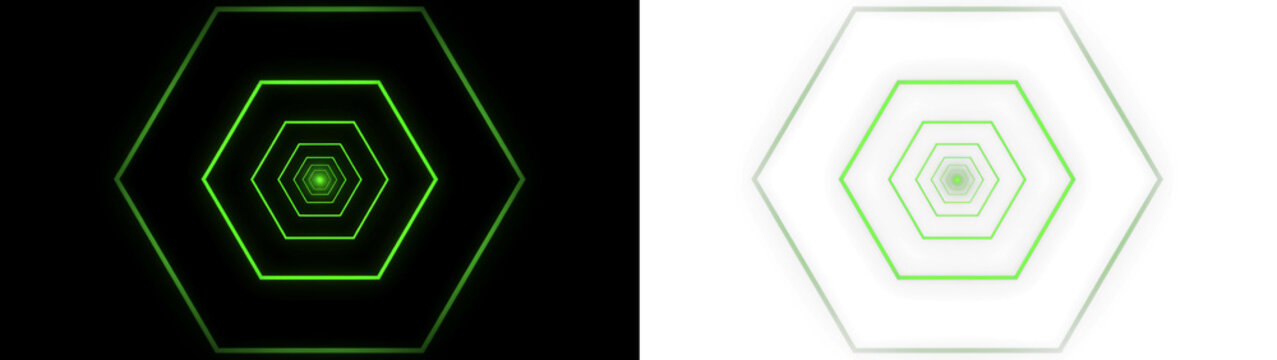 Abstract tunnel of glowing green hexagonal shapes creating a futuristic depth effect, symmetrical geometric pattern on black and transparent backgrounds