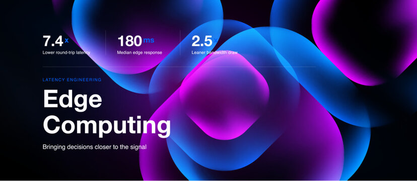 Abstract design showcases edge computing concept. Metrics highlight latency reduction, response time, bandwidth gains. Modern visuals emphasize speed.