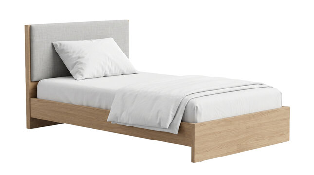 A single bed with a gray upholstered headboard is presented on a white background