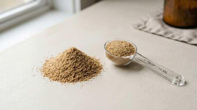 Granular spice in measuring scoop on light surface