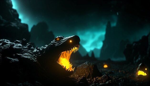Black Alien Predator with a Glowing Orange Mouth