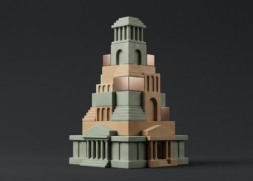 3D minimal modular geometric blocks tower on dark charcoal background