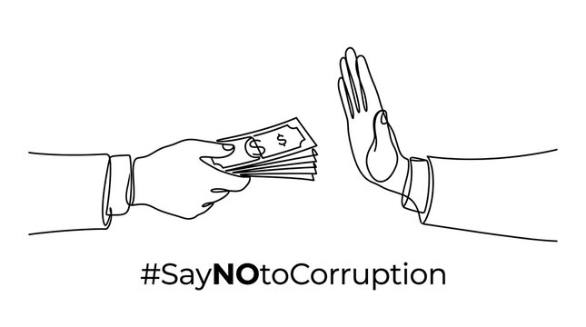 Line drawing of hand rejecting bribe with cash and anti-corruption message corruption integrity rejection