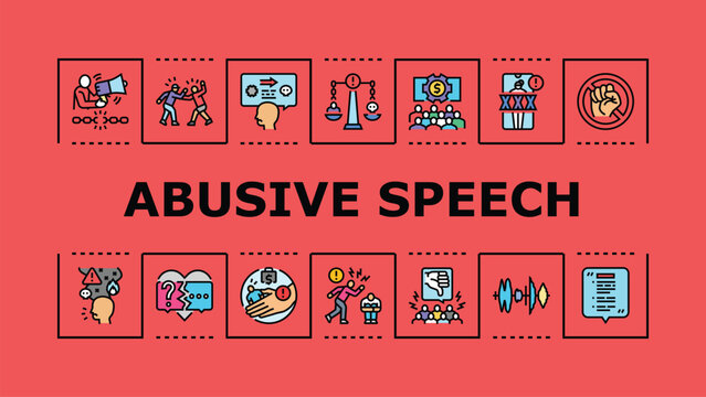 Abusive speech banner infographic. Slur harassment, mockery obscenity, insult aggression icon vector illustration