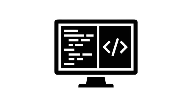 Vector illustration of computer monitor icon with split screen code and programming brackets on a transparent background