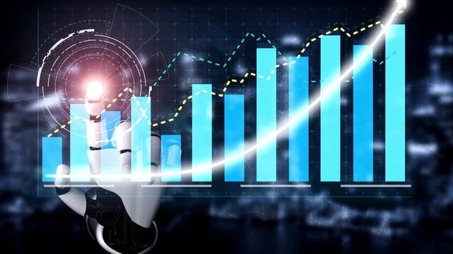 A futuristic robot hand interacts with digital data trends displayed on blue bar charts, representing growth and innovation in a modern business environment. Copula