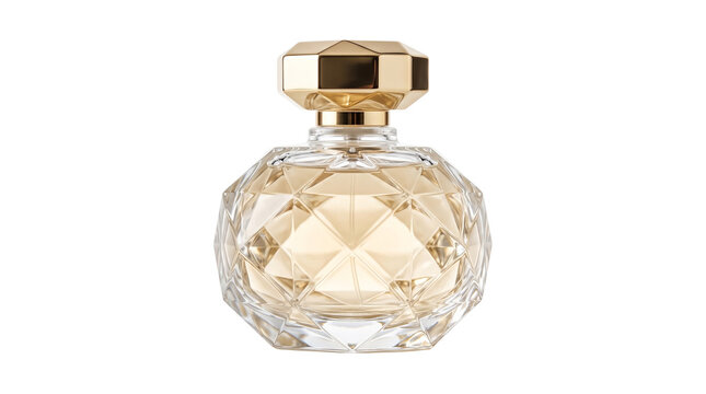 Luxury perfume bottle isolated on white background, elegant glass fragrance spray container, golden cosmetic product packaging