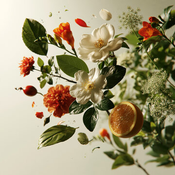 Floating botanical elements with leaves, flowers, and fruit