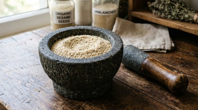 Ground sesame seeds in stone mortar on wooden table