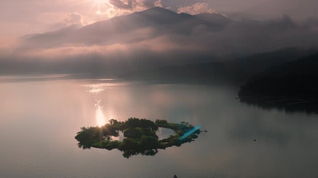 Aerial drone footage over the sun moon lake at morning in Taiwan