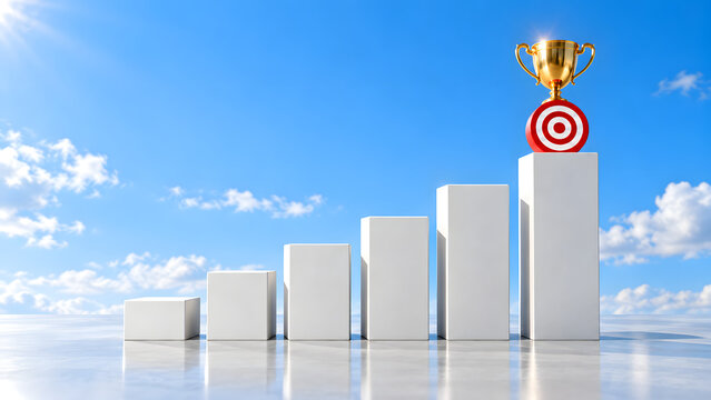 A golden trophy on a target atop a growing chart representing business success and achievement