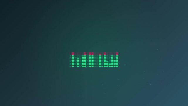 Digital audio equalizer sound spectrum level meter with glowing green and red pixel blocks on a smooth dark teal background for music production concepts