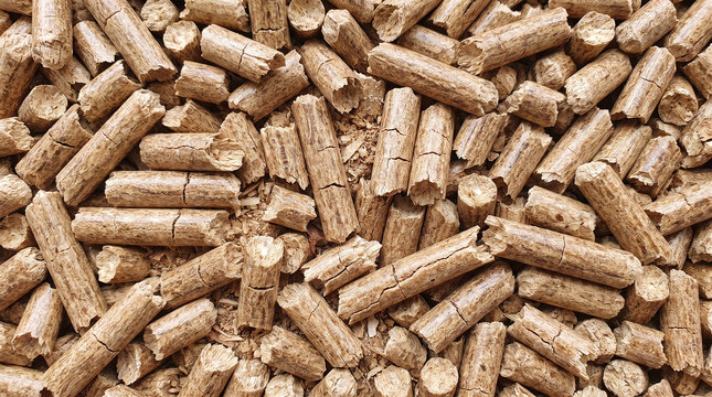 Pile of compressed wood pellets for biomass heating fuel background texture for renewable energy use