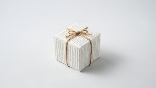 A small square gift box wrapped in textured white paper and tied with a rustic twine bow, isolated on white background