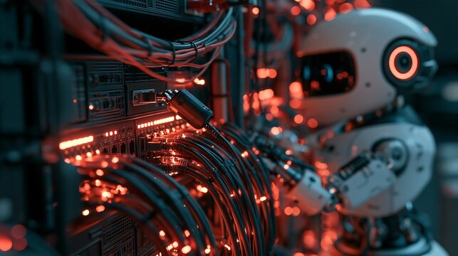 Robot maintaining server rack with glowing red cables in datacenter