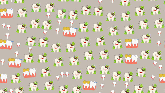 Cartoon teeth pattern with cavities and green characters