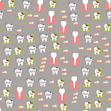 Cartoon Teeth Pattern with Cavities and Sad Expressions
