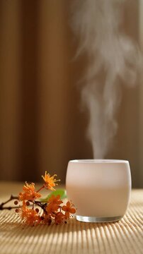 White aroma diffuser releasing soft rising mist beside small orange autumn flowers on a woven mat, relaxing aromatherapy and home fragrance concept, vertical video