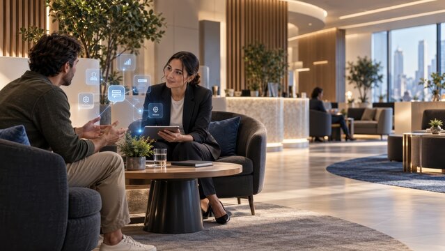 Human Customer Service Advisor Using AI Support in Premium Service Lounge