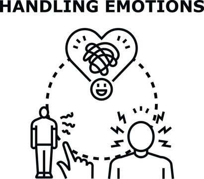 Icon illustration depicting the process of managing feelings, moving from a stressed mental state to a calmer one through self awareness and understanding for emotional well being