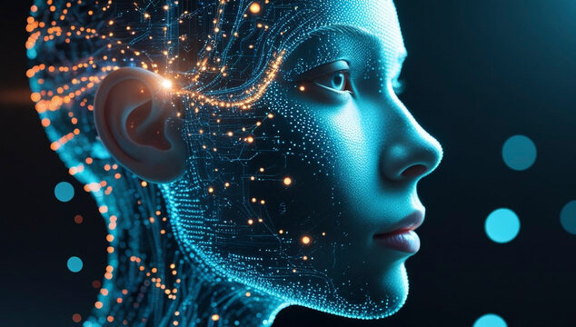 Human Face Made of Digital Particles and Artificial Intelligence Data