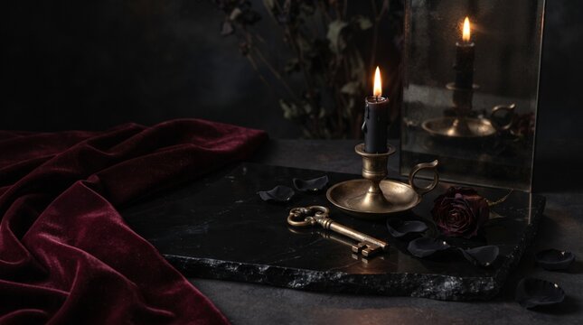 Gothic halloween still life with burning black candle vintage key and