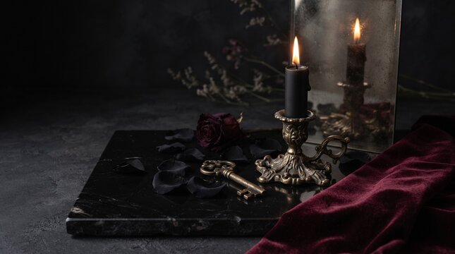 Gothic halloween still life with black candle and vintage key on dark