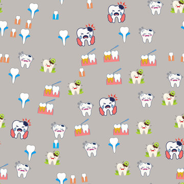 Seamless pattern of cartoon teeth with dental issues