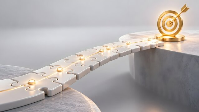Golden target with arrow at the end of a puzzle piece bridge connecting two concrete cliffs symbolizing business strategy and goal achievement