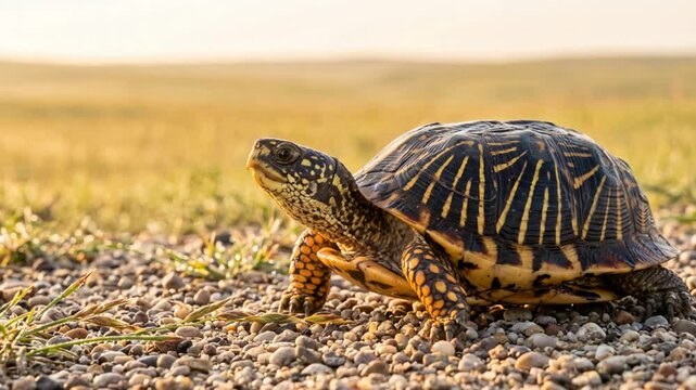 ornate box turtle at morning light in tallgrass prairie kansas usa video