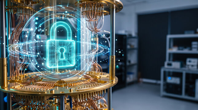 Glowing security padlock hologram over quantum computer circuit