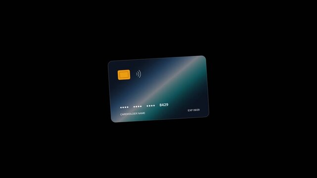Seamless loop animation of a futuristic frosted glass fintech card with cyber neon gradient background, floating against a black void. The card features a glowing orange chip, NFC symbol,.