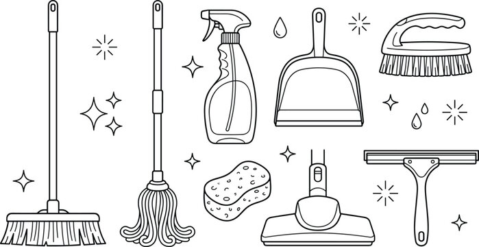 House Cleaning Supplies Line Art Icon Set Featuring Broom Mop Spray Bottle Dustpan Sponge Squeegee And Vacuum Cleaner Head Vector