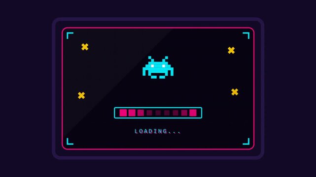 Retro video game loading screen with pixel alien and progress bar